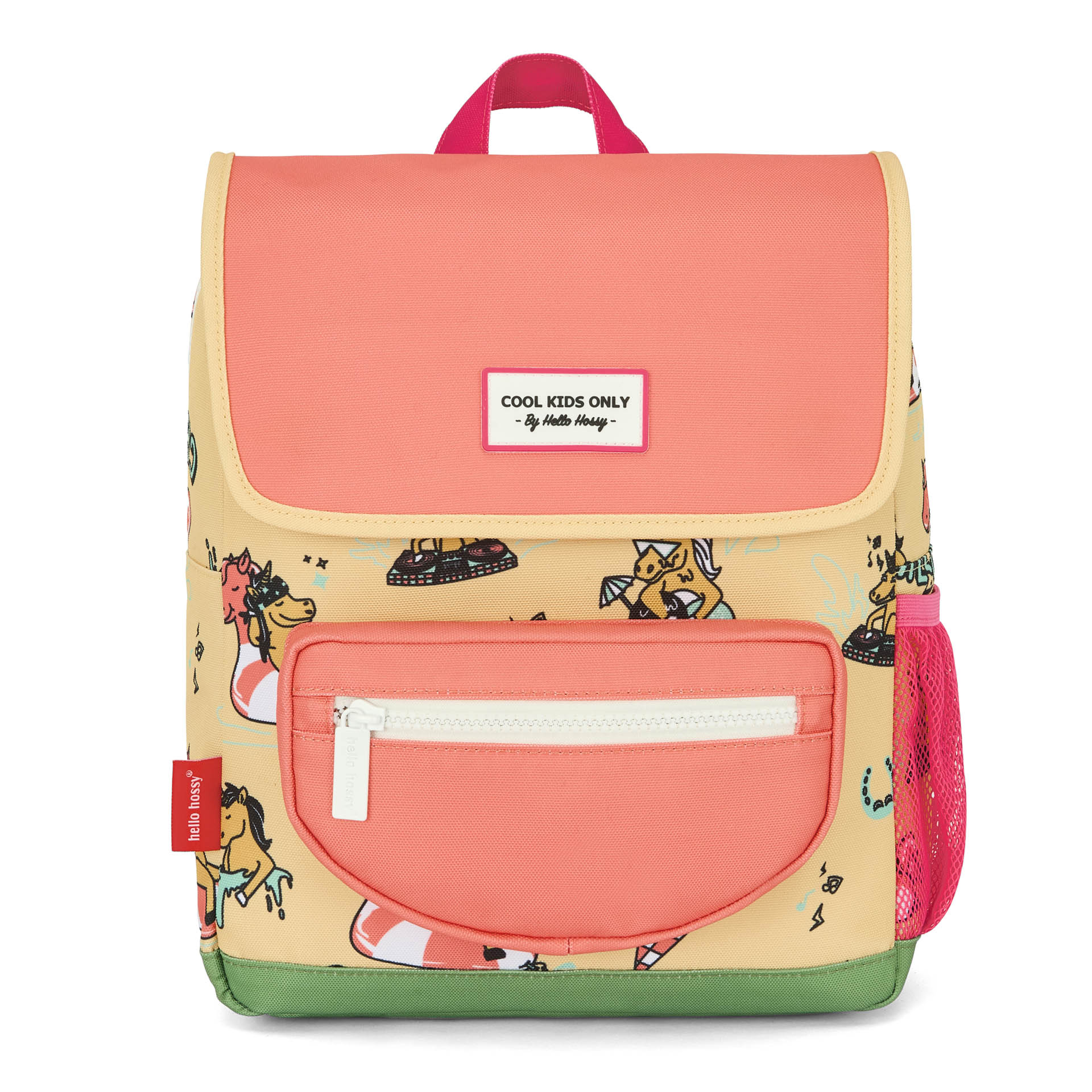 Hello Hossy unicorn kids backpack with coral flap and brand label