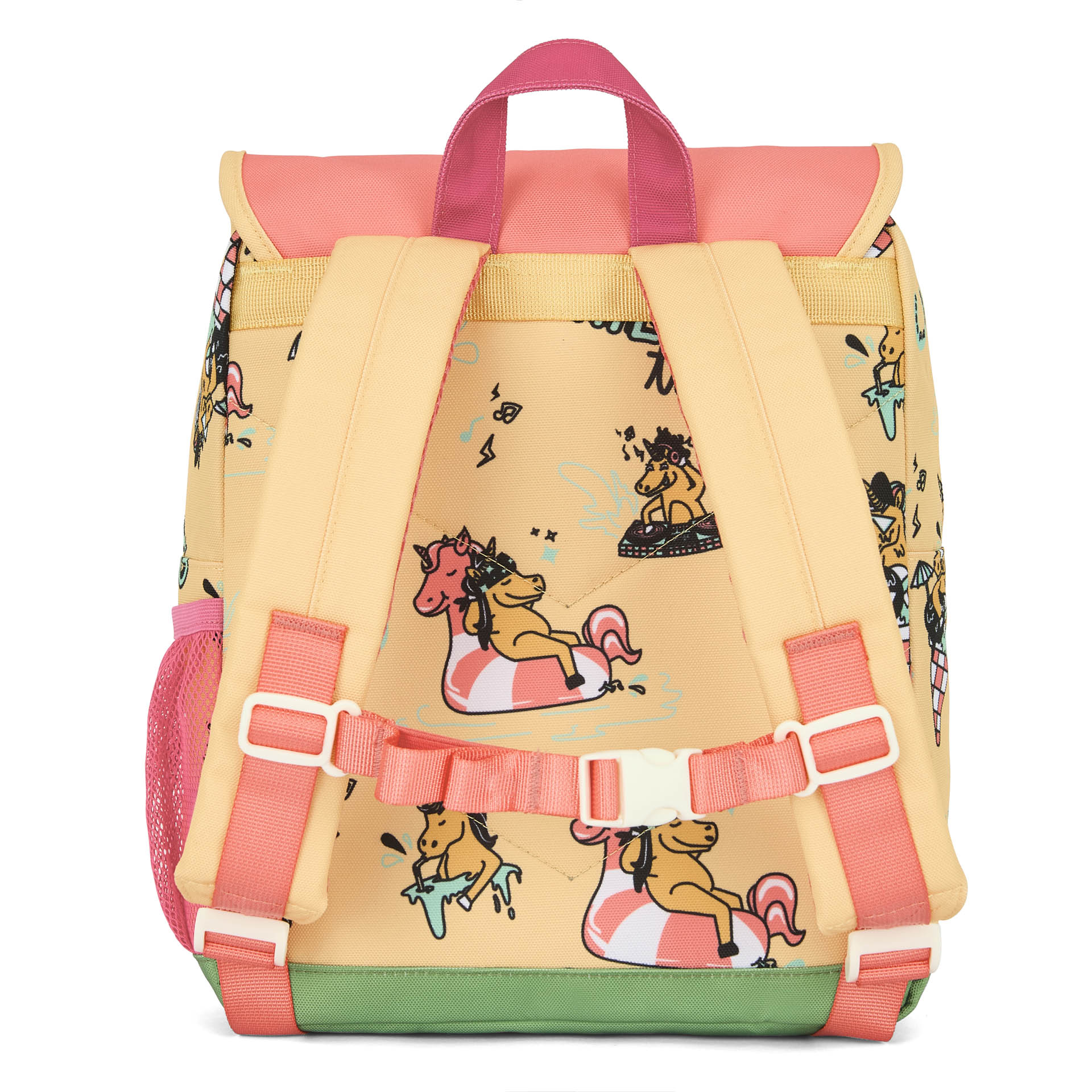 Yellow square kids backpack with unicorn print and pink straps