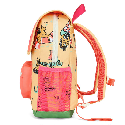 Side view of yellow unicorn children's backpack with mesh pocket