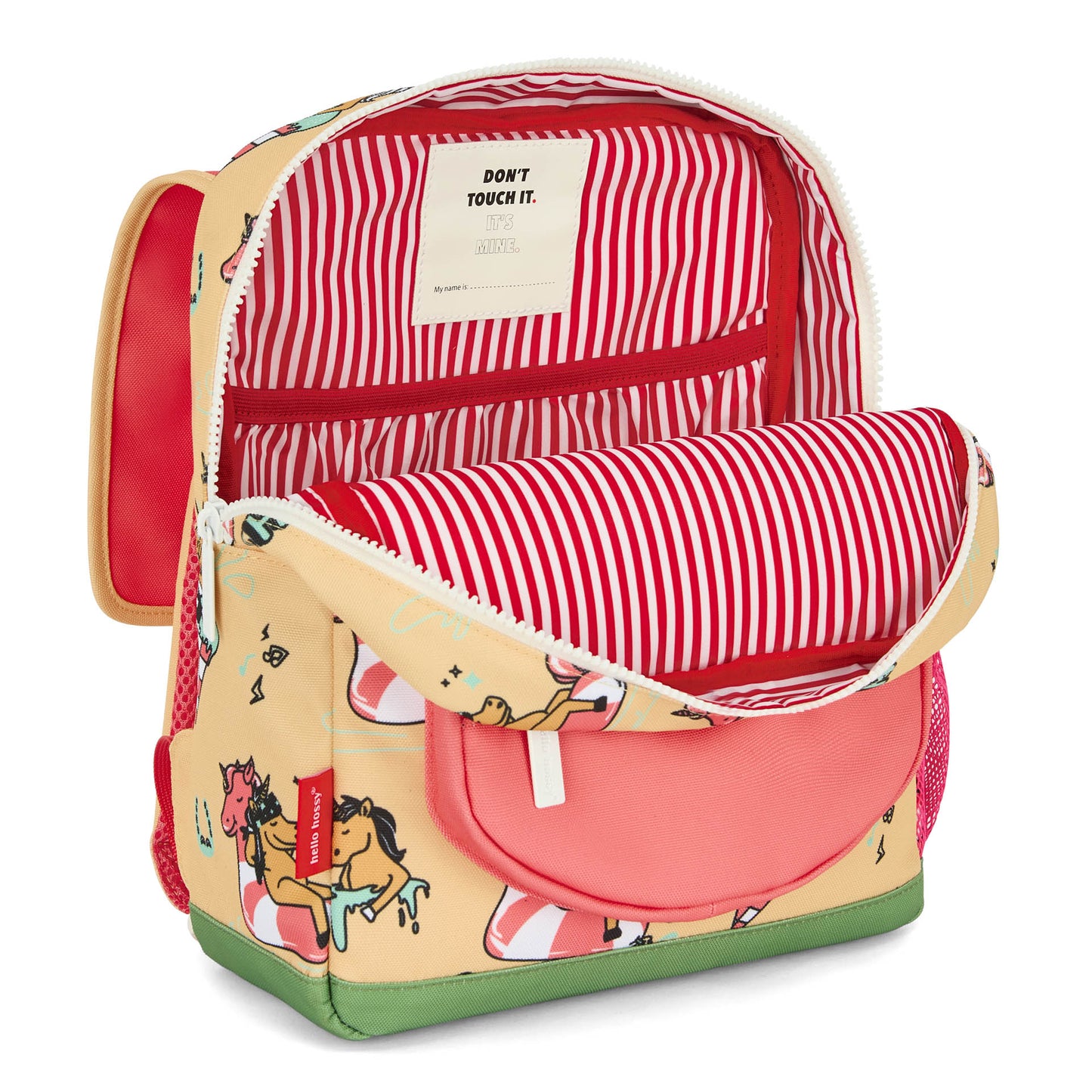 Open interior of Hello Hossy kids backpack with striped lining
