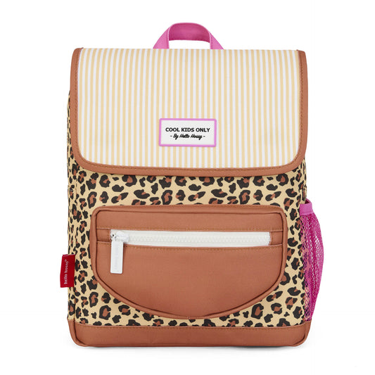 Hello Hossy children's backpack white background showing front pocket and label