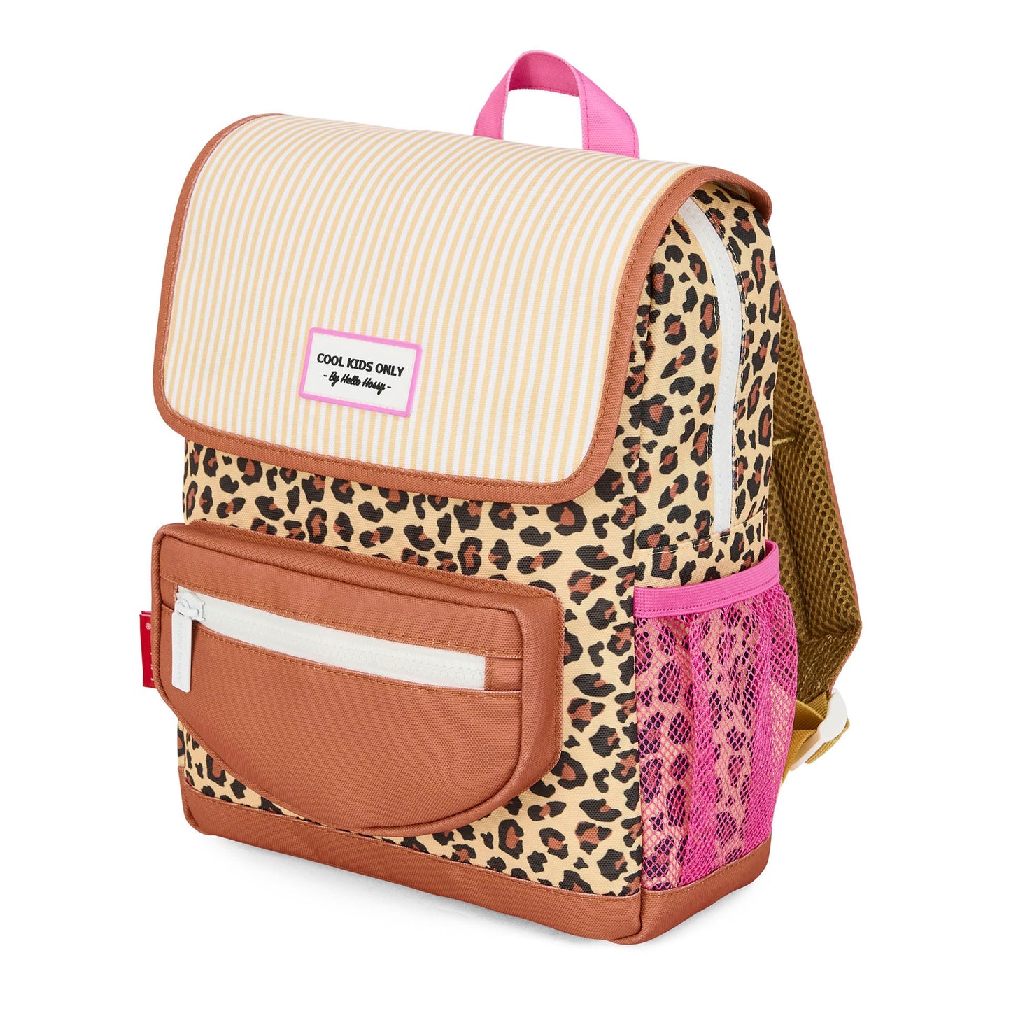 Front view Hello Hossy kids backpack with striped flap and pink mesh pocket