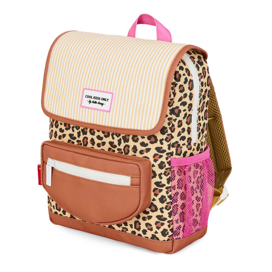 Front view Hello Hossy kids backpack with striped flap and pink mesh pocket