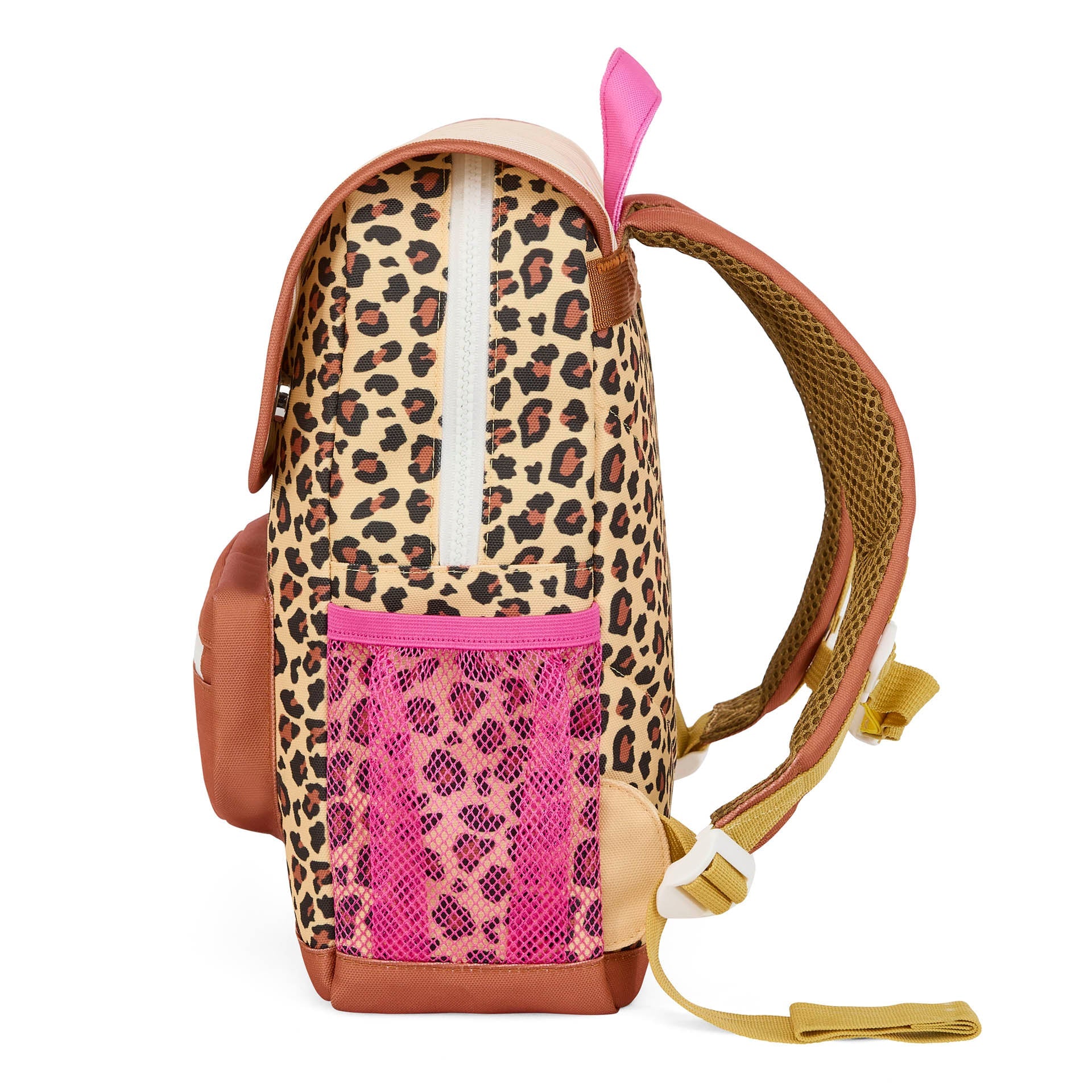 Beige leopard print children's backpack side profile with pink mesh pocket