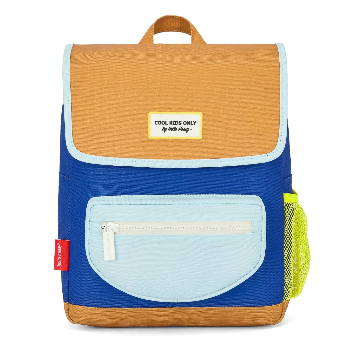 Front shot of blue and tan waterproof kids backpack