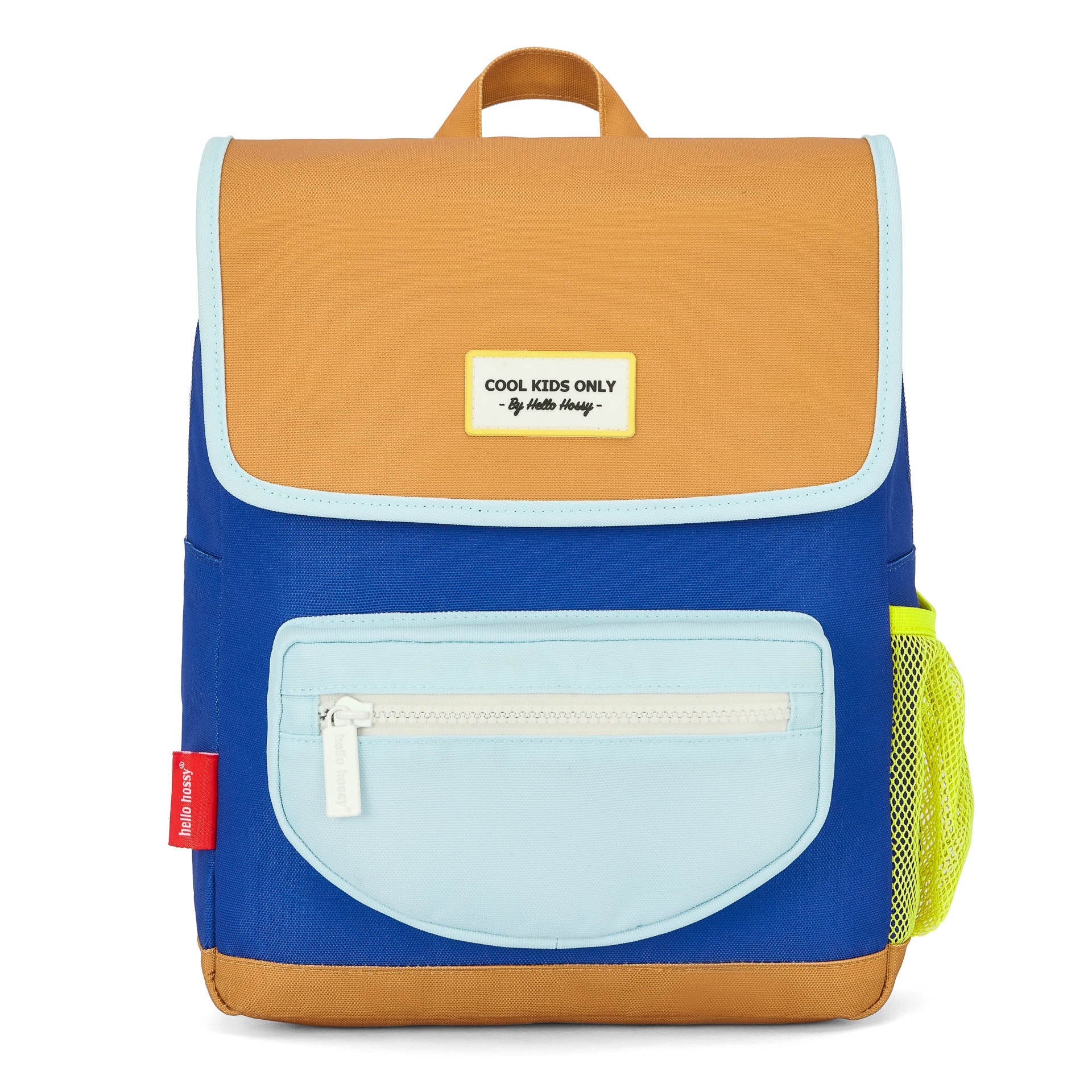 Front shot of blue and tan waterproof kids backpack