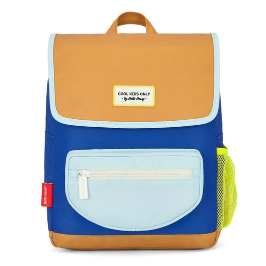 Front shot of blue and tan waterproof kids backpack