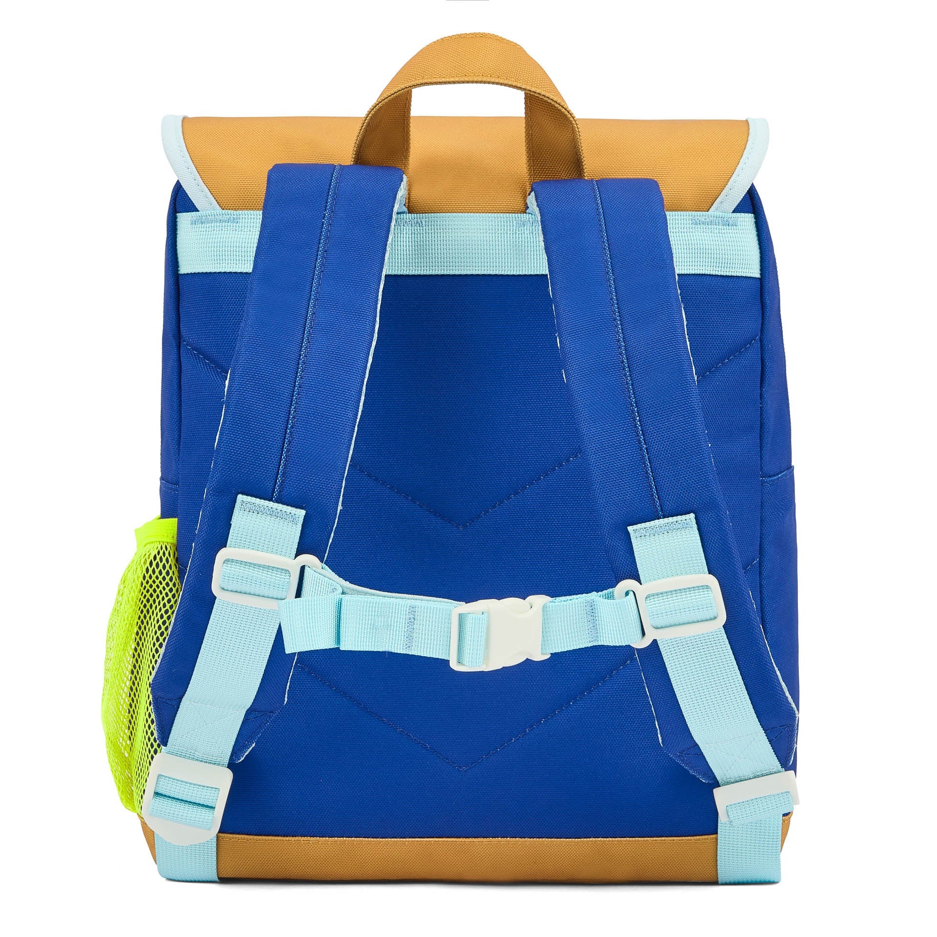 Back view of blue child backpack with padded straps