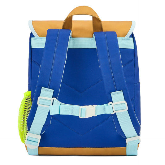 Back view of blue child backpack with padded straps