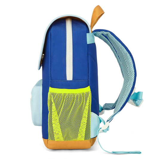 Side view of royal blue backpack with orange trim and green pocket