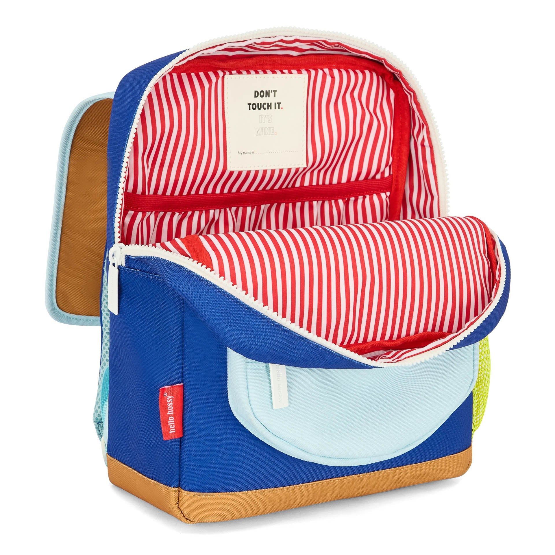 Open blue children's backpack with striped lining and name tag