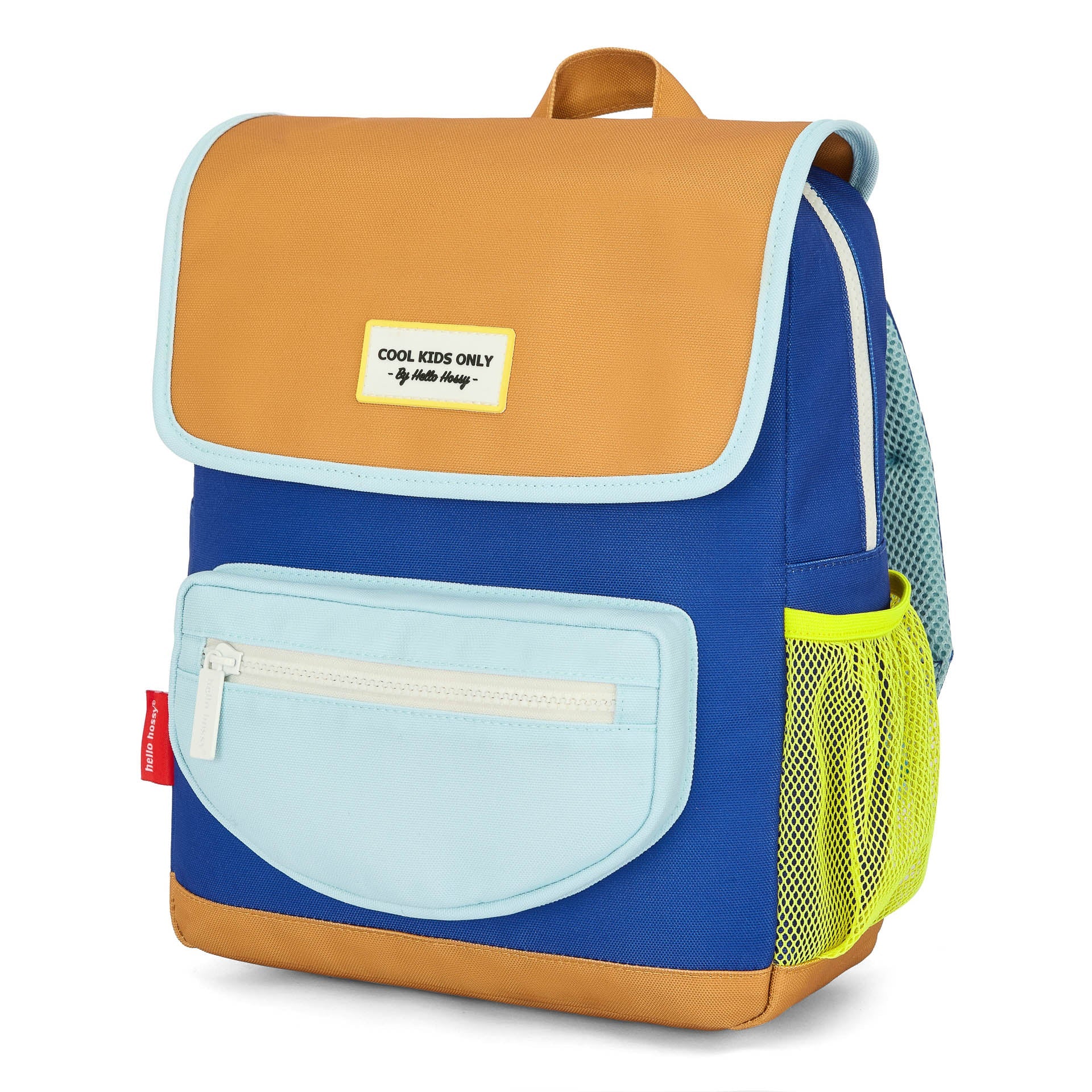 Blue Mini Blue Canyon kids backpack with green mesh pocket