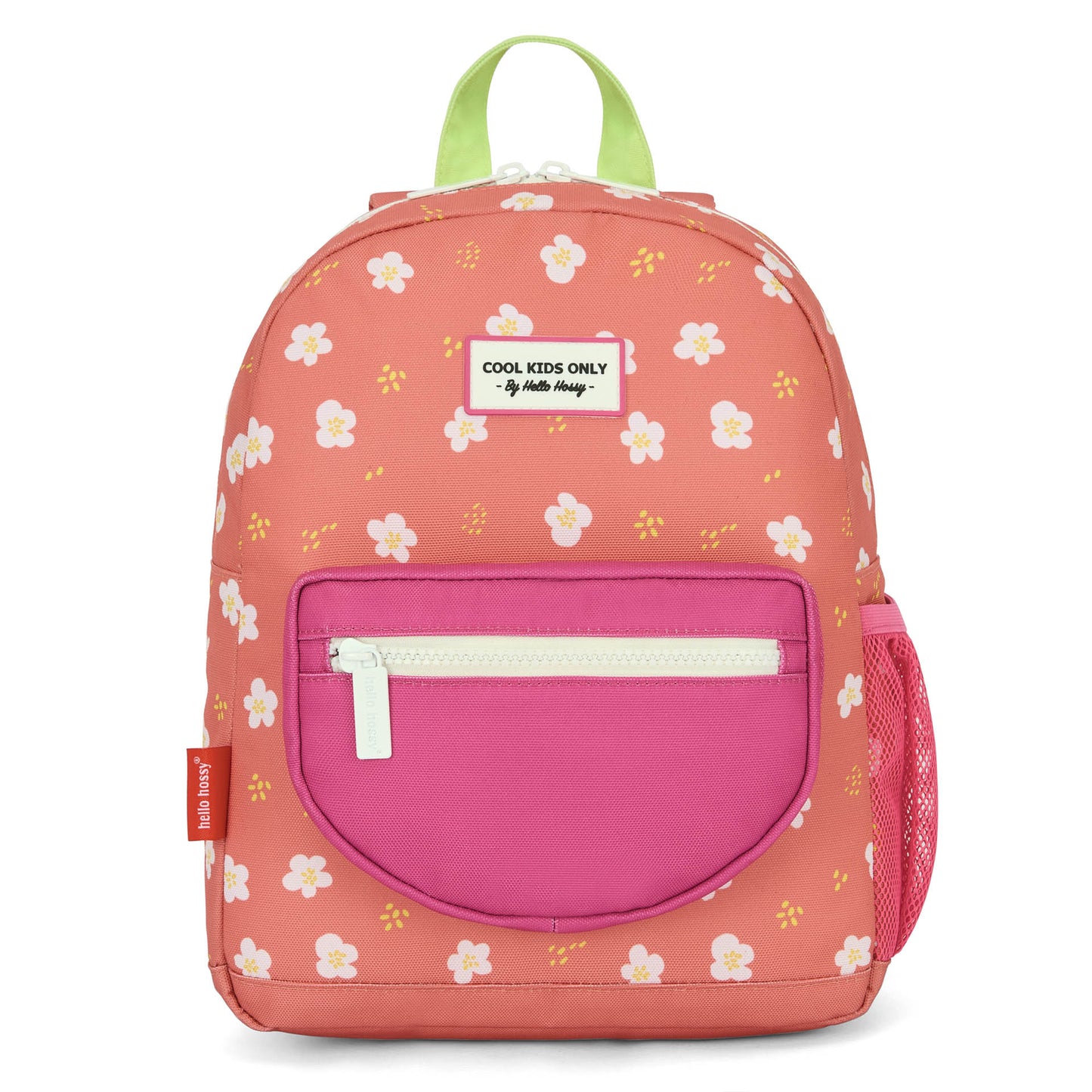 Peachy Bloom children's floral backpack coral pink with white flowers and yellow dots