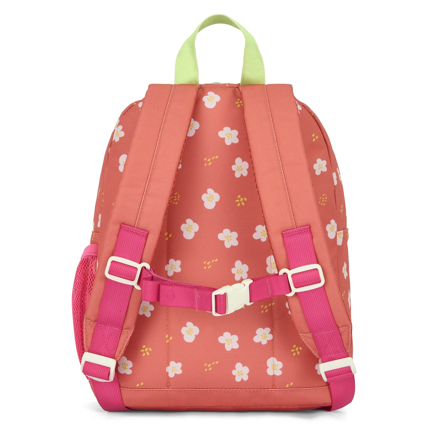 Back view of Hello Hossy kids backpack showing padded pink straps and waist belt