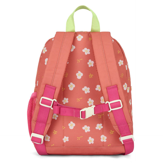 Back view of Hello Hossy kids backpack showing padded pink straps and waist belt