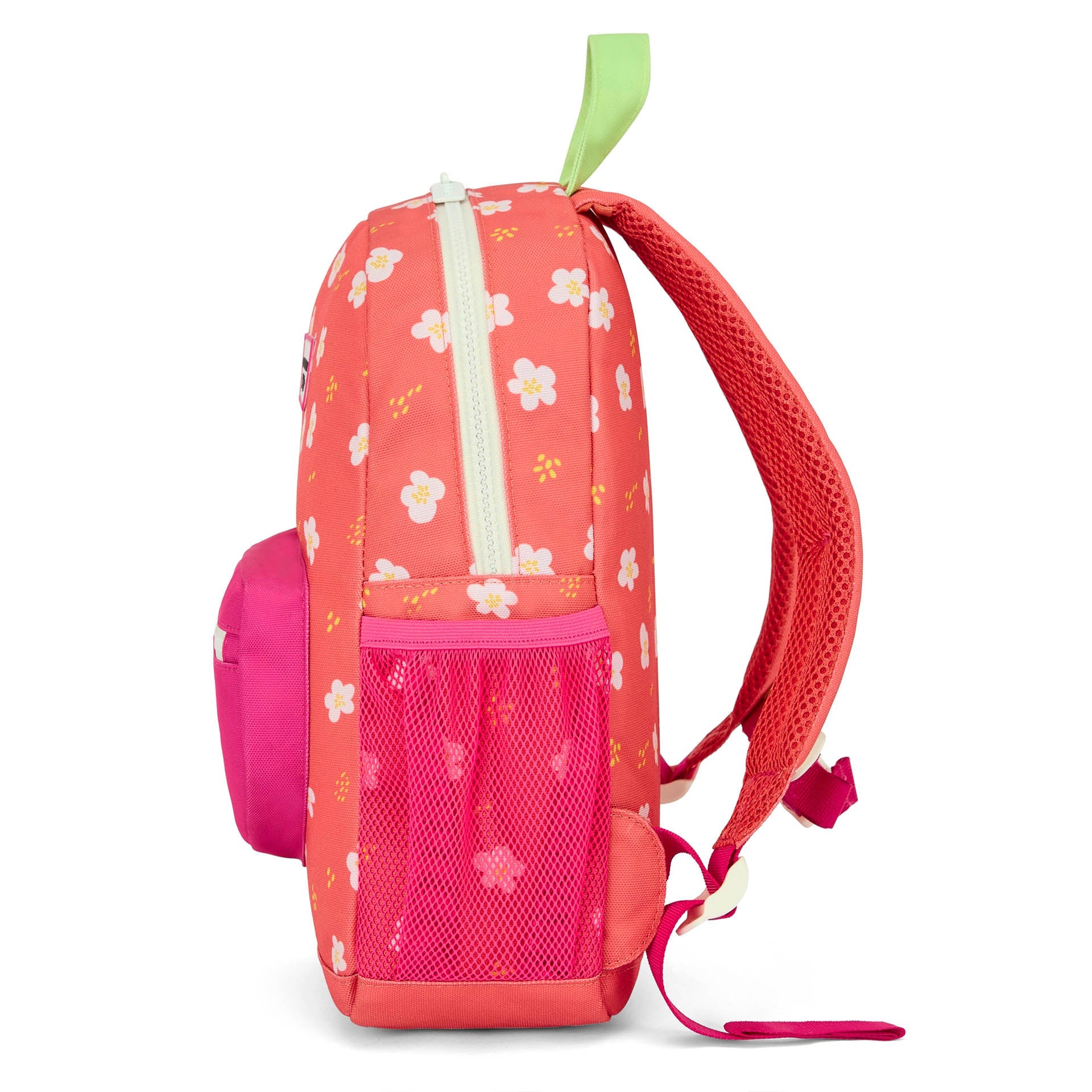 Side profile of peach-pink floral school bag with mesh pocket and adjustable straps