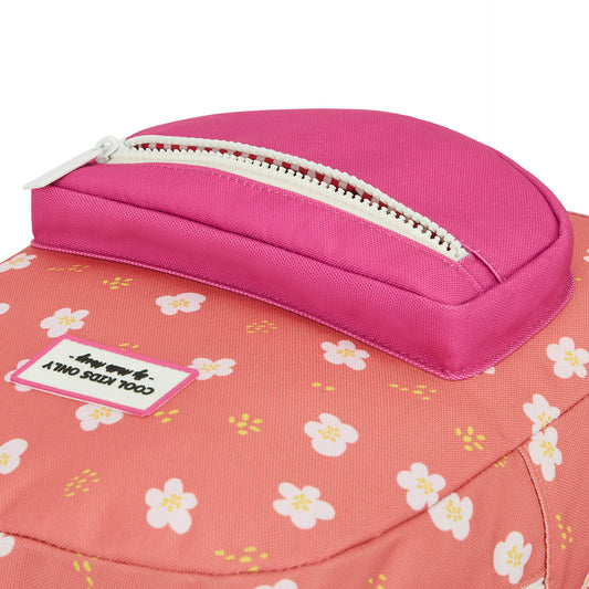 Close-up of Hello Hossy kids backpack top with 'Cool Kids Only' label and zipper detail