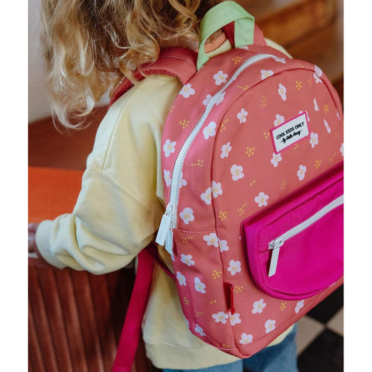 Rear view of child wearing Hello Hossy floral backpack with padded shoulder straps