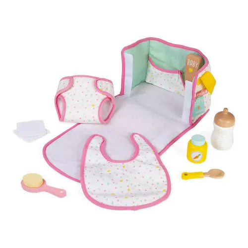 Open toy changing bag with bib brush bottle and wooden baby container