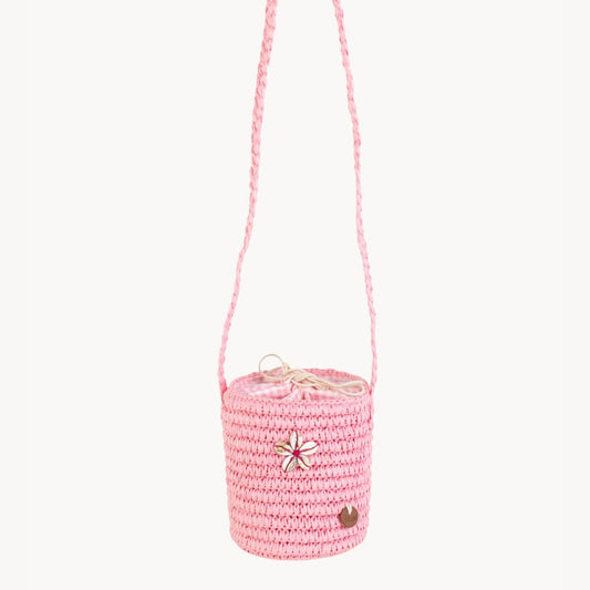 Sac bandoulière seau en fibre naturelle pour fille, fermeture à cordon, couleur rose