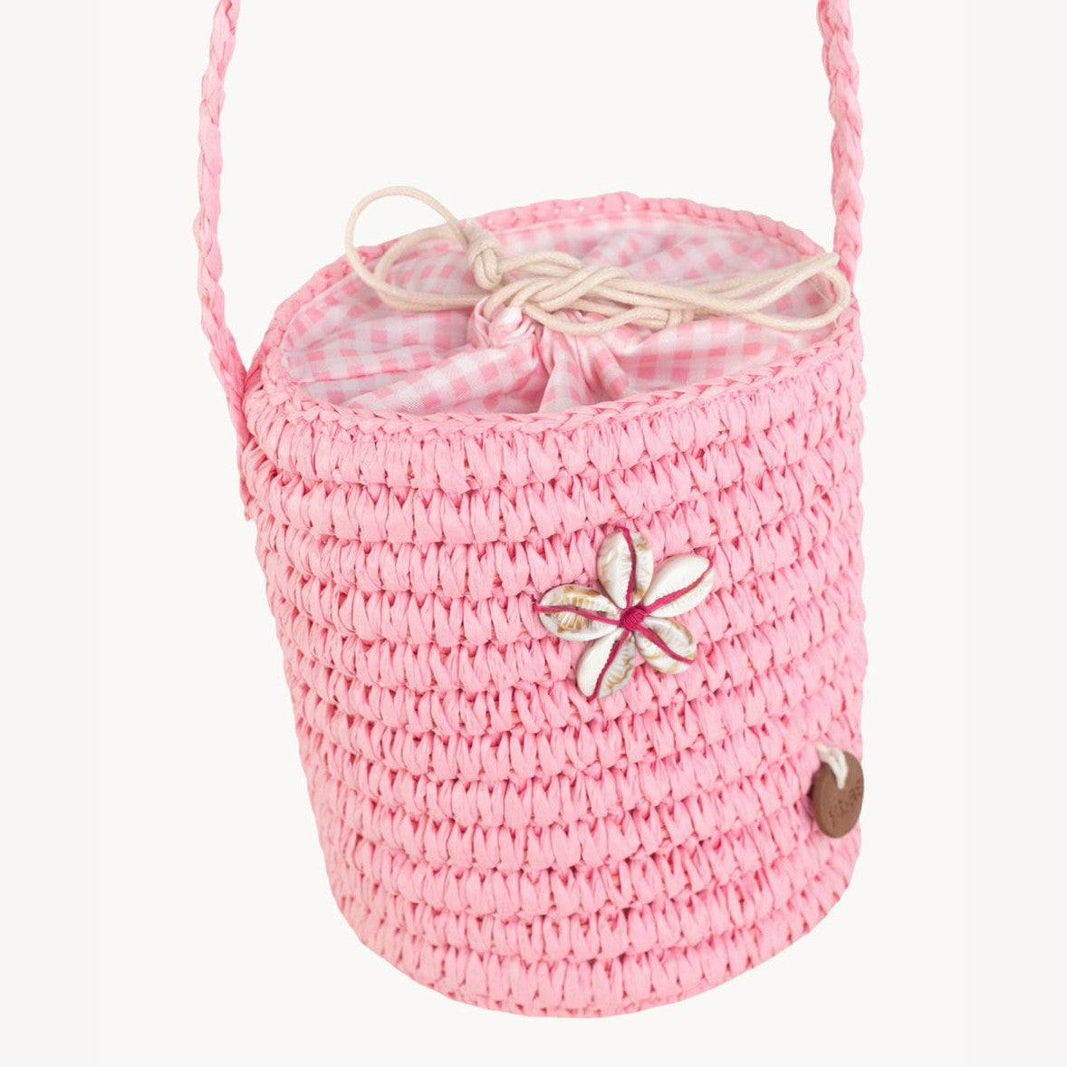 Sac bandoulière seau en fibre naturelle pour fille, fermeture à cordon, couleur rose