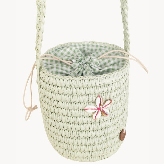Sac bandoulière seau fille en fibre naturelle vert avec fermeture cordon