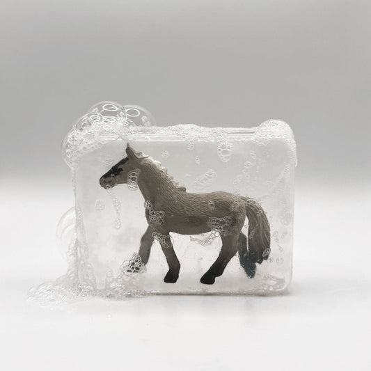 Savon transparent Cheval gris avec figurine surprise