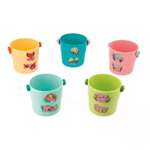 Unstacked Janod bath buckets featuring crab octopus turtle fish illustrations