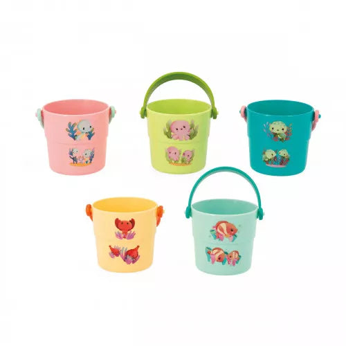 Janod 5-piece colorful sea animal bath bucket set with rounded handles