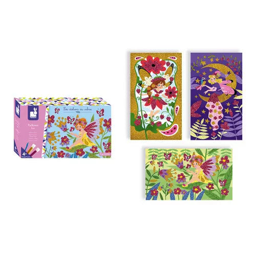 JANOD Paillettes Fées craft kit with three completed fairy glitter art cards and box