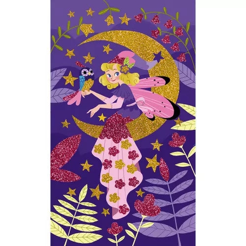Purple fairy on gold crescent moon glitter art card from JANOD Paillettes Fées set