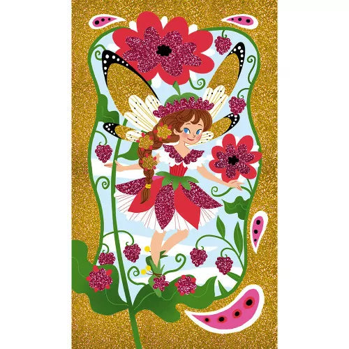 Red and white fairy with floral crown full gold glitter background art card