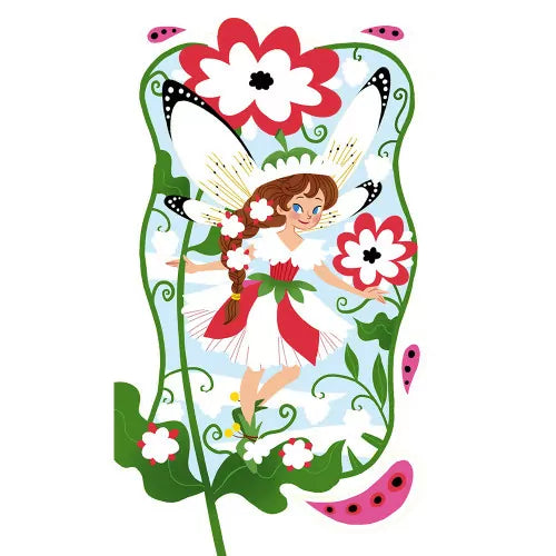 Blue fairy among red flowers pre-cut glitter art card for kids by JANOD