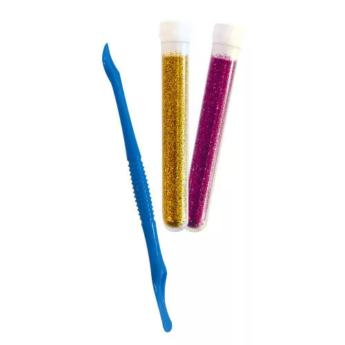 Gold and magenta glitter tubes with blue spatula included in JANOD craft set