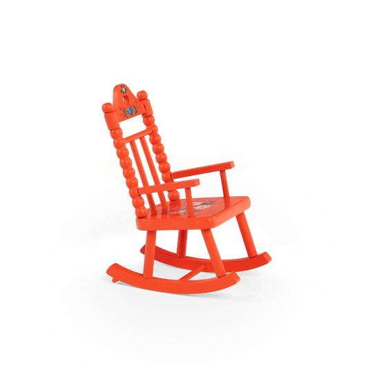 Side view of bright orange wooden rocking chair with hand-painted floral details