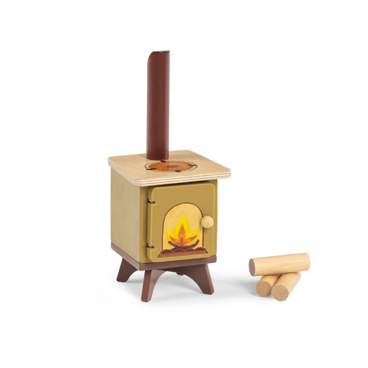 Mustard yellow wooden toy wood-burning stove with painted fire and natural logs
