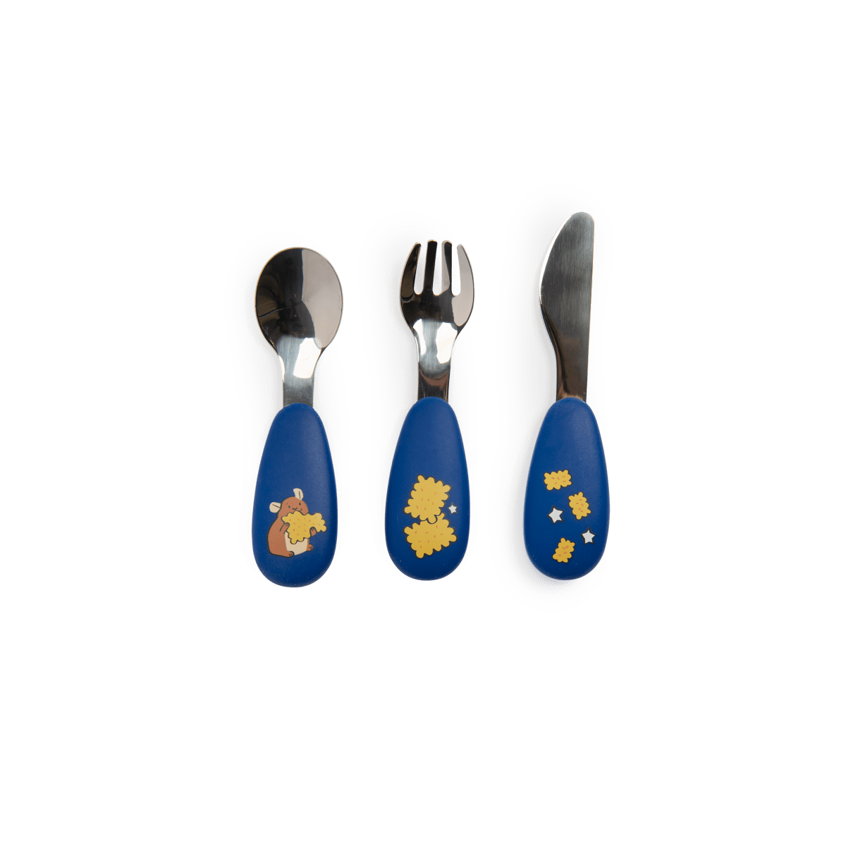 Close-up of Moulin Roty blue silicone cutlery handles featuring Puce & Pilou character graphics
