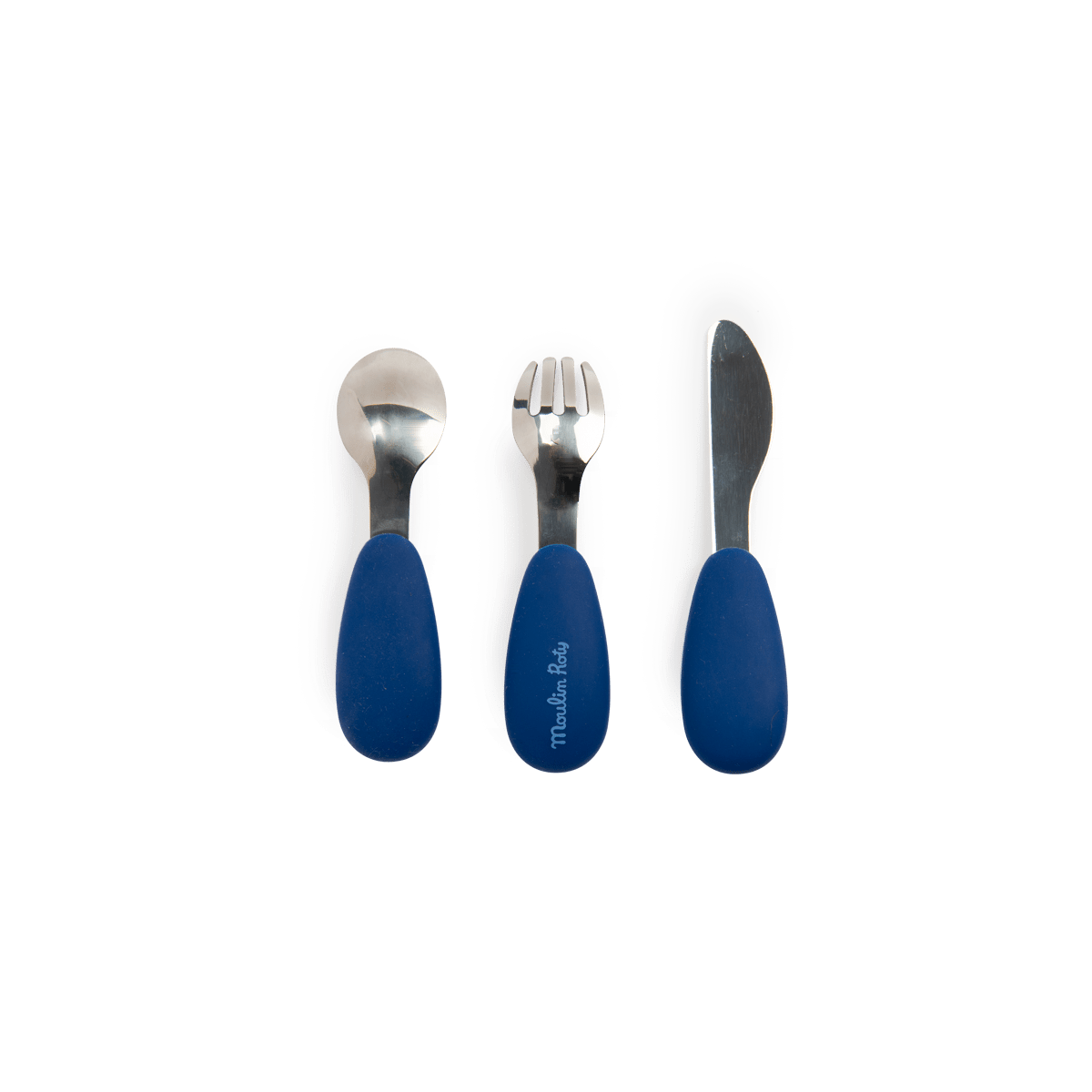 Moulin Roty Puce & Pilou blue silicone handle stainless steel cutlery set for toddlers