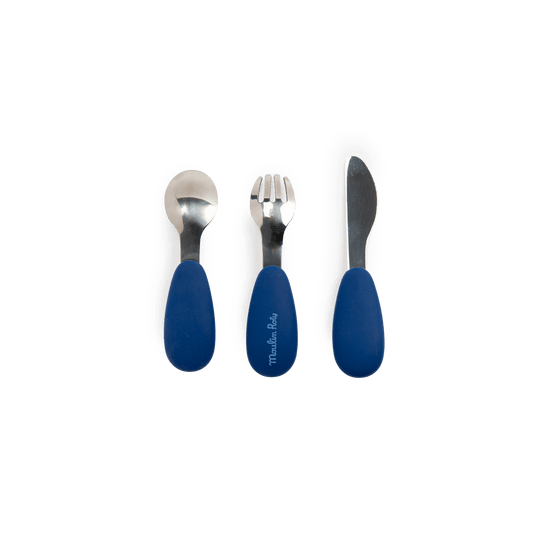 Moulin Roty Puce & Pilou blue silicone handle stainless steel cutlery set for toddlers