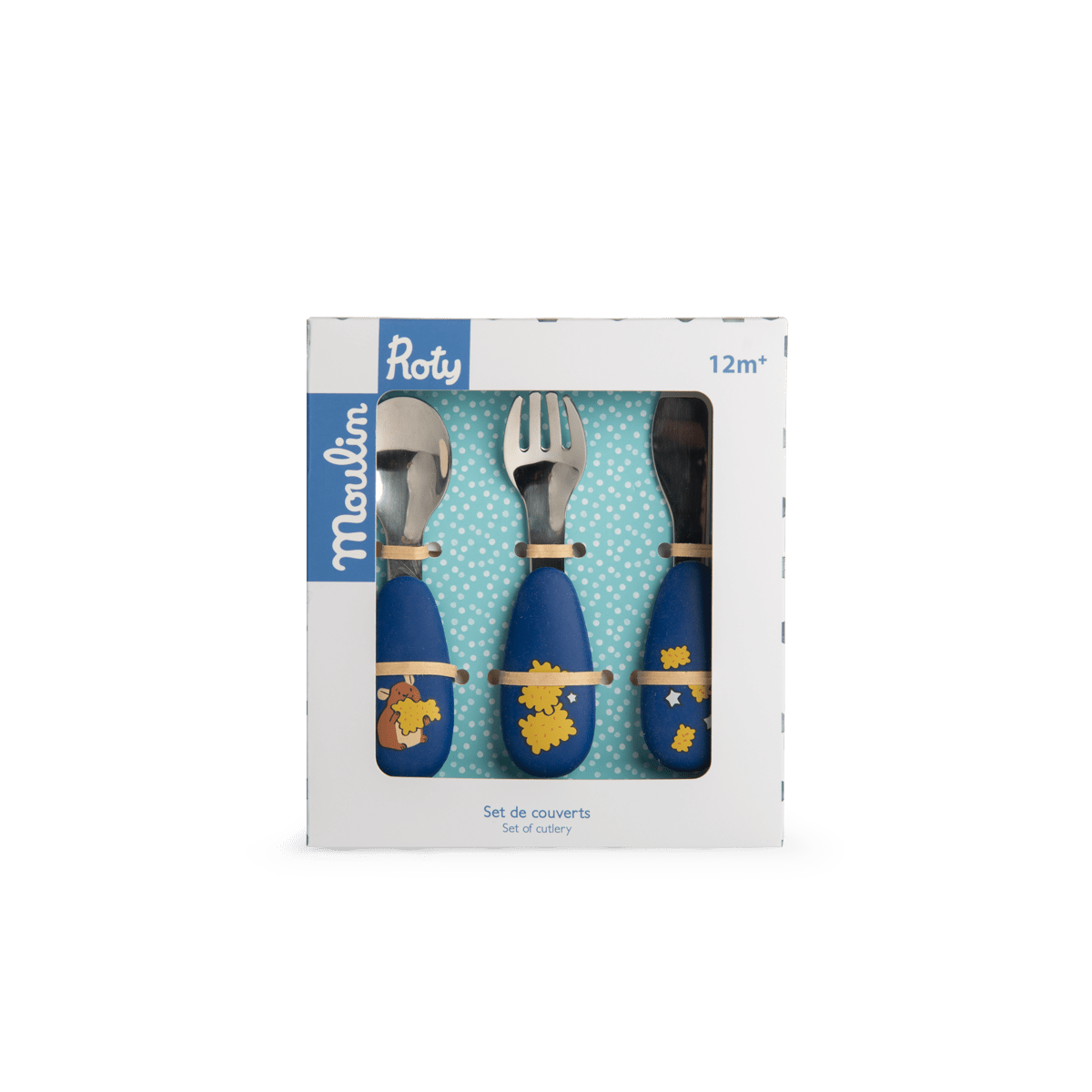 Moulin Roty Puce & Pilou children's cutlery set packaging with window showing blue handles