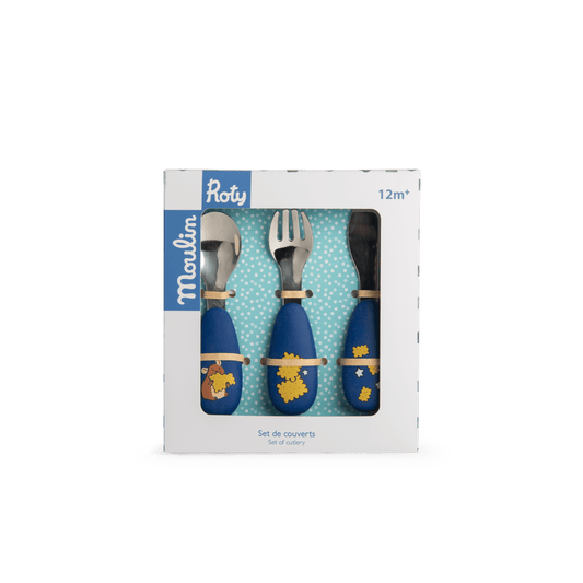 Moulin Roty Puce & Pilou children's cutlery set packaging with window showing blue handles
