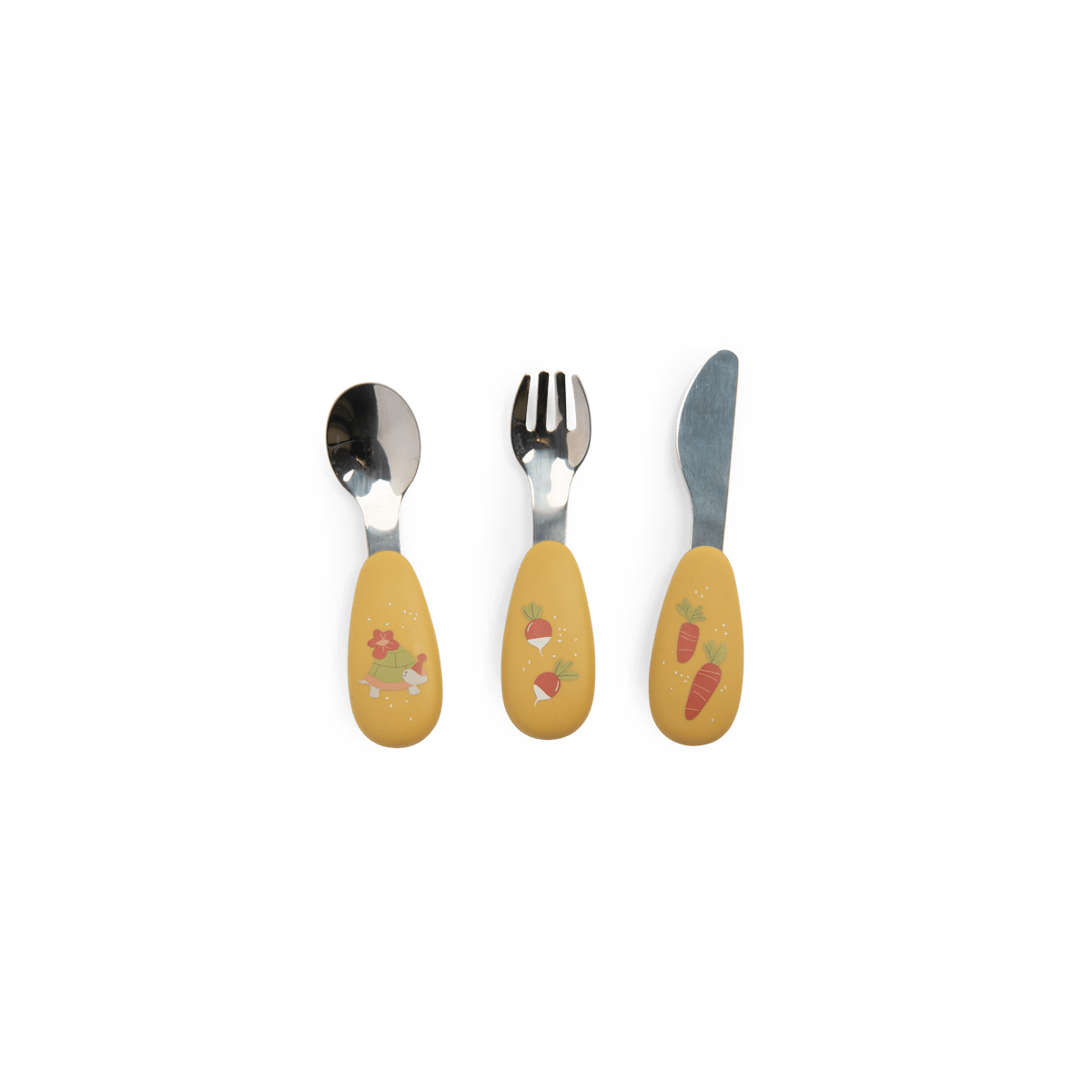 Close-up of Moulin Roty silicone baby cutlery featuring turtle, radish, and carrot designs