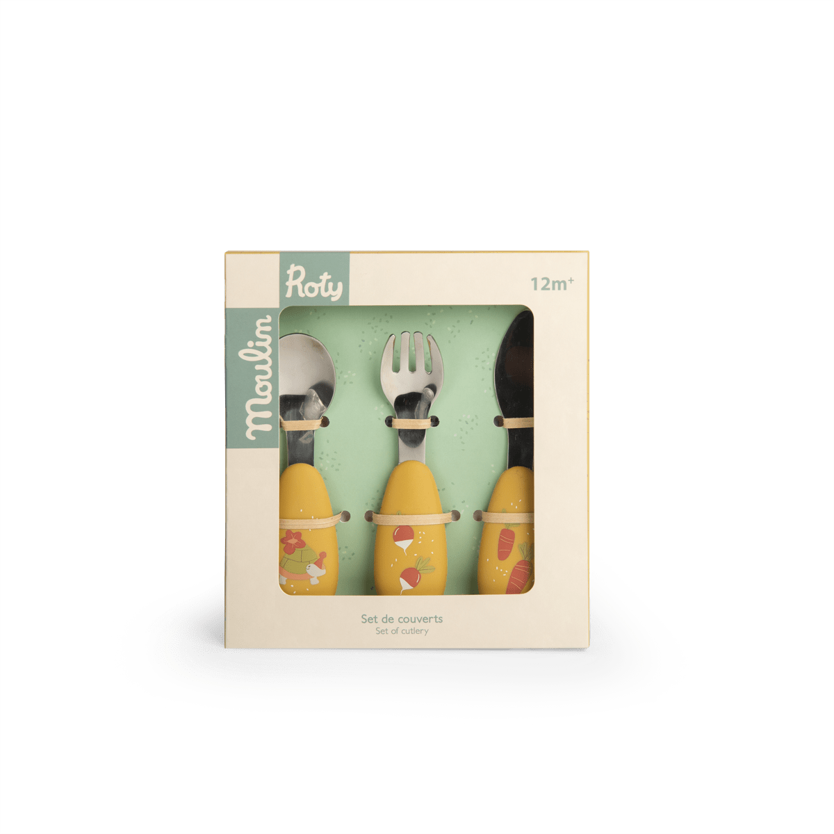 Moulin Roty toddler cutlery gift box packaging showing spoon, fork, and knife