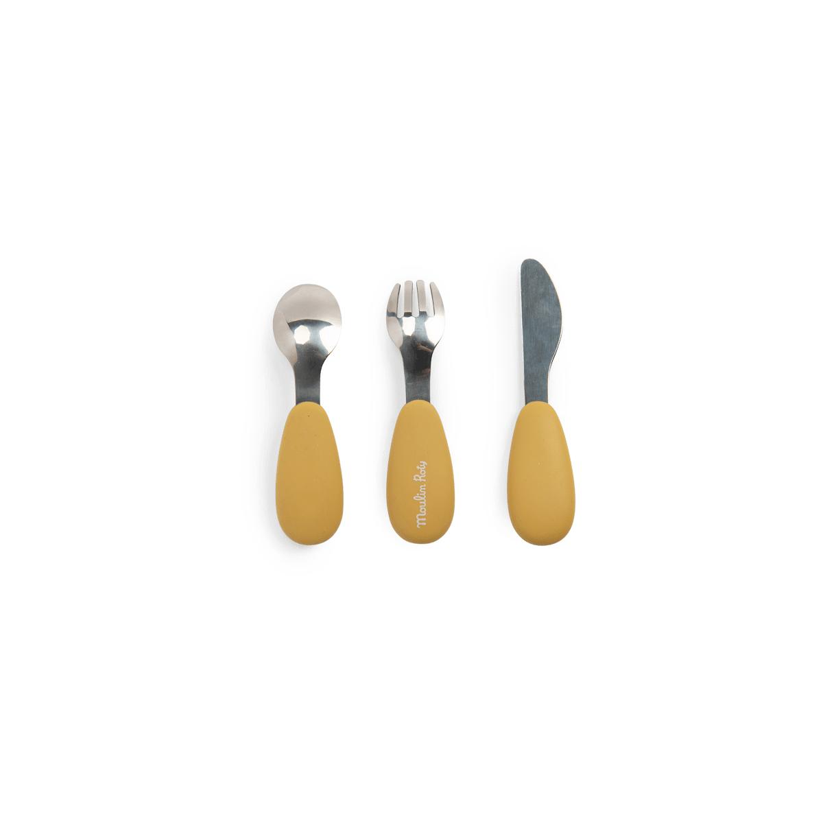 Moulin Roty silicone cutlery set for toddlers with mustard yellow ergonomic handles
