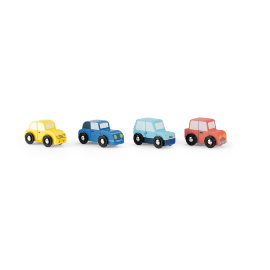 Close-up of Moulin Roty wooden toy car set with license plate detail