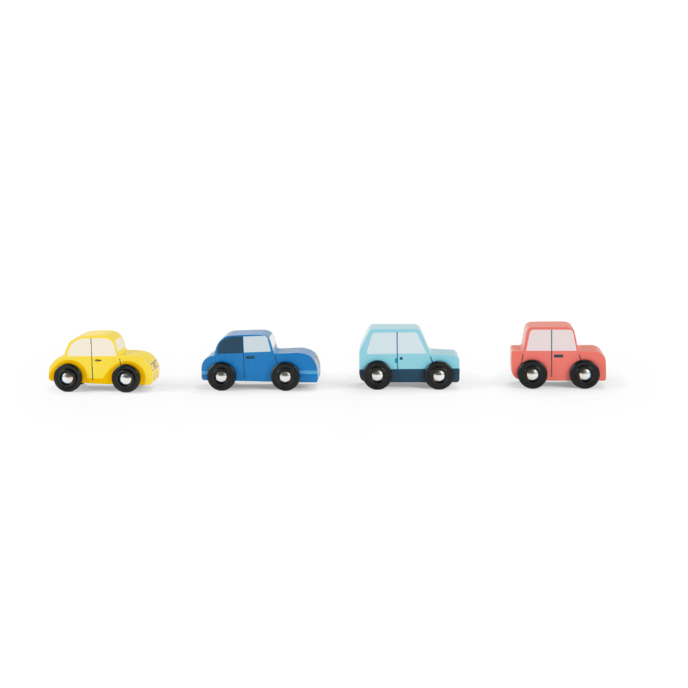 Set of 4 retro wooden toy cars in yellow, blue, and pink