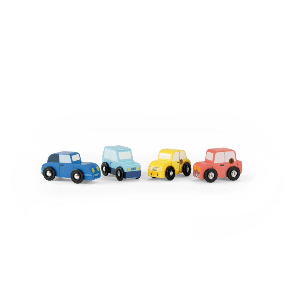 Side view of colorful vintage-style wooden vehicle playset