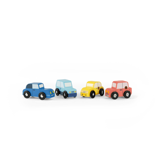 Side view of colorful vintage-style wooden vehicle playset