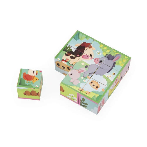 Assembled and disassembled JANOD farm animal cardboard blocks