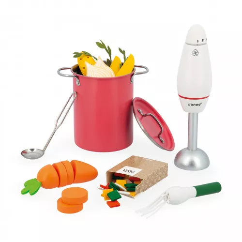 Janod children's cooking toy set with open red pot filled with wooden vegetables and pasta